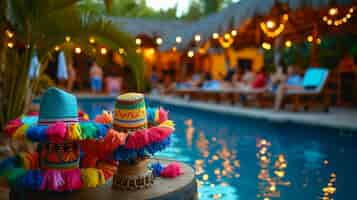 Photo gratuite une fête au bord de la piscine sur le thème mexicain avec des pinatas sombreros et une piste de danse salsa