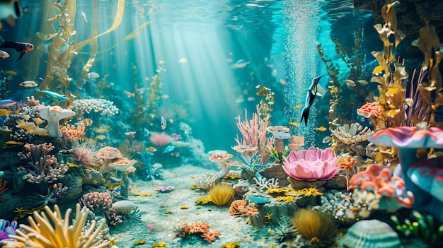 Photo gratuite une fête au bord de la piscine sur le thème sous-marin avec des décorations de sirènes et de créatures marines créant une merveille aquatique.
