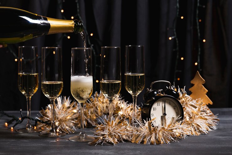 Photo gratuit fête de bienvenue décorative avec champagne