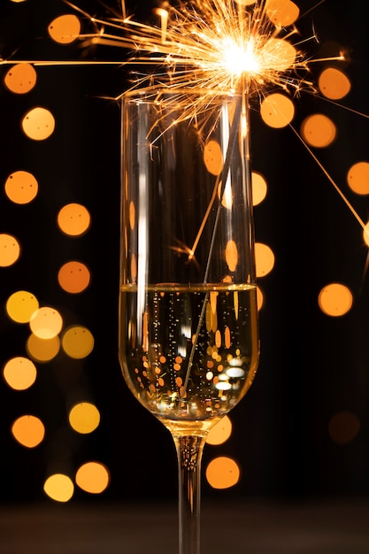 Feu d'artifice sur le verre avec du champagne