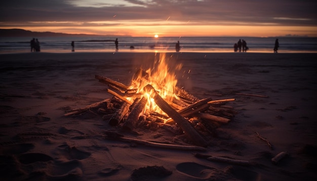 Photo gratuite feu de camp brûlant sur une plage de sable au coucher du soleil généré par l'ia