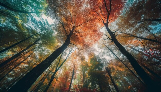 Un feuillage d'automne vibrant peint un paysage forestier paisible généré par l'IA