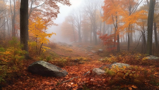 Le feuillage d'automne vibrant tombe dans une mystérieuse scène de paysage forestier générée par l'IA