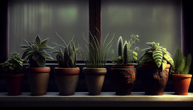 Le feuillage vert prospère dans un pot en céramique grâce à l'IA générative de fenêtre
