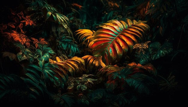 Un feuillage vibrant illumine le fond sombre de la forêt tropicale humide généré par l'IA