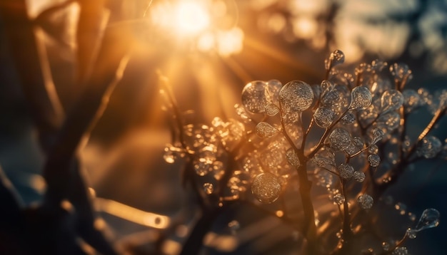 Photo gratuite feuille ensoleillée sur la beauté de la nature de la branche humide générée par l'ia