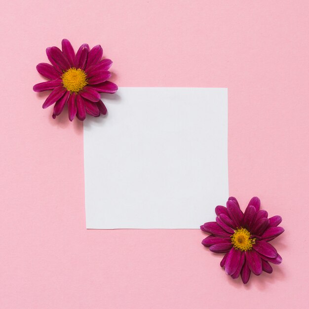 Feuille de papier vierge avec des fleurs sur la table