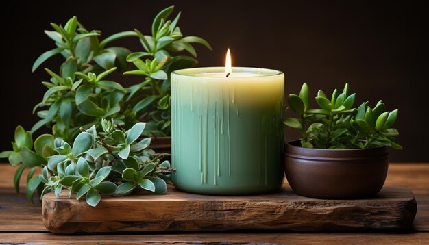 Feuille de plante verte fraîche sur une table en bois, la flamme de la bougie scintille générée par l'intelligence artificielle