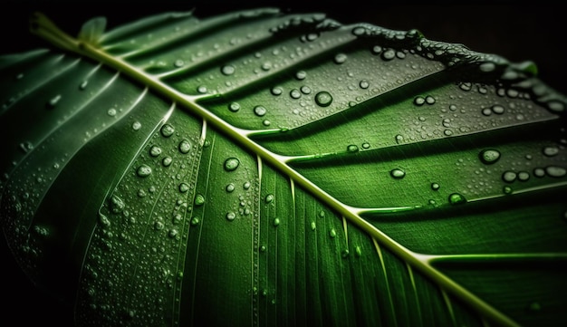 Feuille verte fraîche avec goutte de rosée sur la veine générée par l'IA