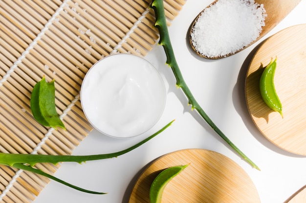 Feuilles d&#39;aloe vera avec une bouteille de crème de beauté