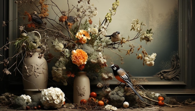 Les feuilles d'automne décorent une vieille table en bois avec un arrangement de vase rustique généré par l'IA