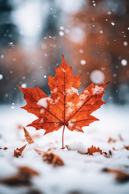 Feuilles d'automne sèches avec de la neige au début de l'hiver