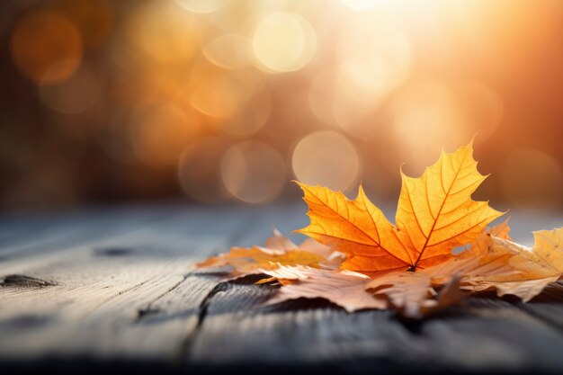 Feuilles d'automne sèches sur une terrasse en bois