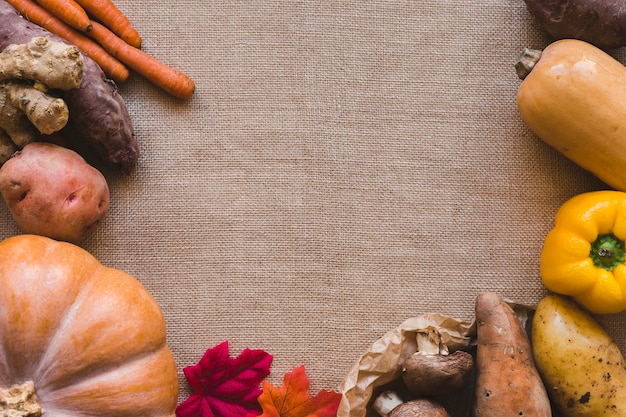 Feuilles et champignons près des légumes