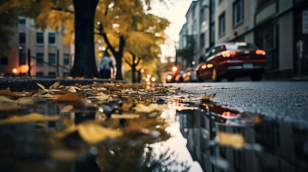 Photo gratuite des feuilles dans les rues et le ciel se reflète dans l'eau