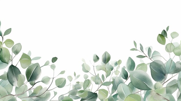 Des feuilles d'eucalyptus sur une surface blanche peinte à l'aquarelle