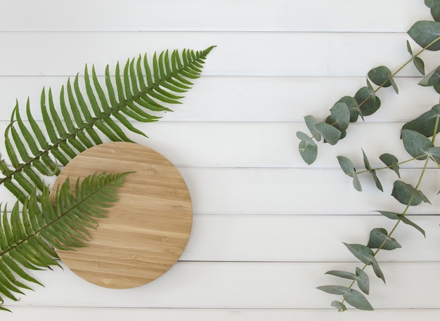 Feuilles de fougère et assiette en bois circulaire sur des panneaux en bois blanc.
