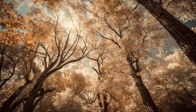 Feuilles jaunes sur la branche beauté de la forêt d'automne générée par l'IA