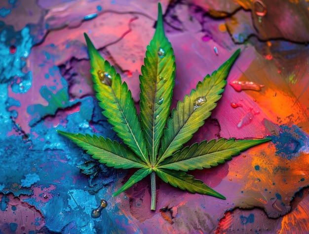Des feuilles de marijuana vertes fraîches et vibrantes sur un fond varié
