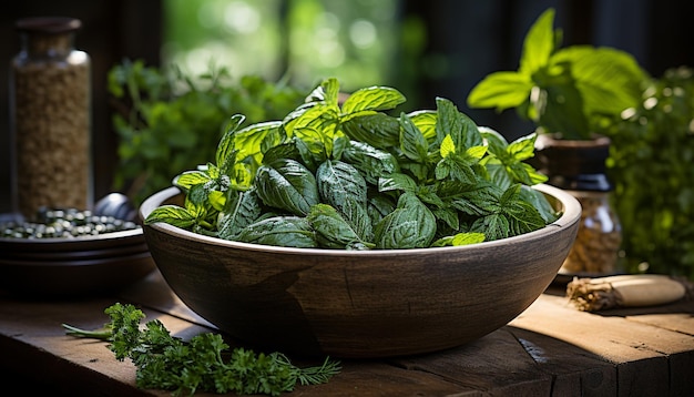 Photo gratuite des feuilles de menthe organiques fraîches dans un bol en bois sur une table générée par l'intelligence artificielle