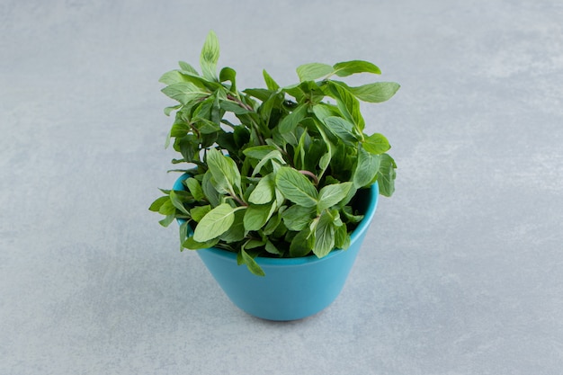 Photo gratuite feuilles de menthe poivrée dans le bol, sur le marbre.