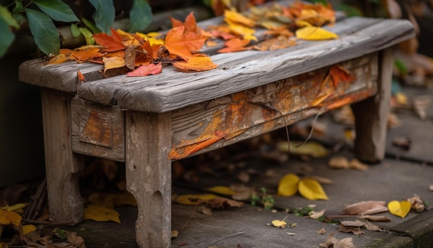 Photo gratuite feuilles multicolores tombant sur un vieux banc rustique généré par l'ia