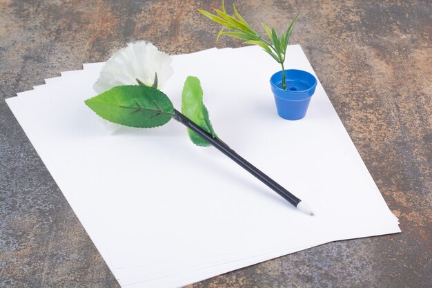 Feuilles de papier vides avec un stylo sur l'espace en marbre.