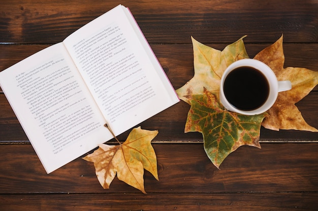 Photo gratuite feuilles près du livre et une tasse de café