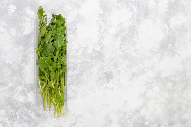 Feuilles de ruccola ou de roquette vertes fraîches dans des boîtes en plastique sur du béton gris