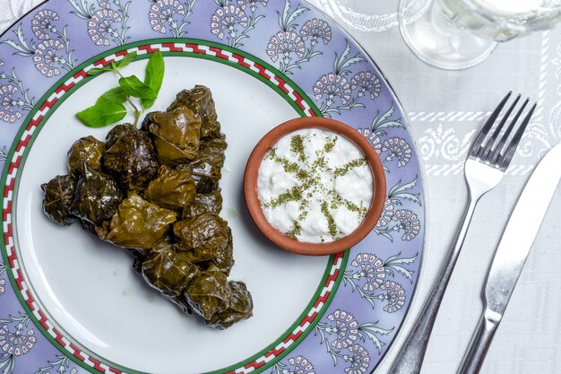 Feuilles de vigne dolma viande hachée feuilles de vigne épices de yogourt nature vue de dessus