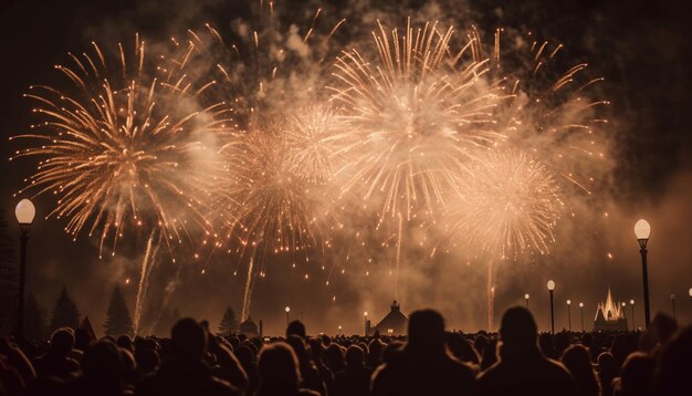 Feux d'artifice explosant illuminant le ciel nocturne sombre généré par l'IA