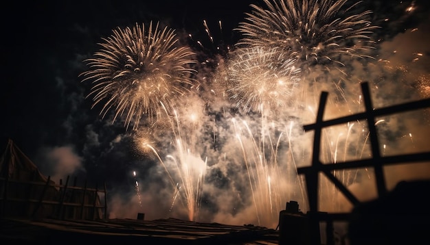 Photo gratuite des feux d'artifice explosifs illuminent le ciel nocturne sombre généré par l'ia