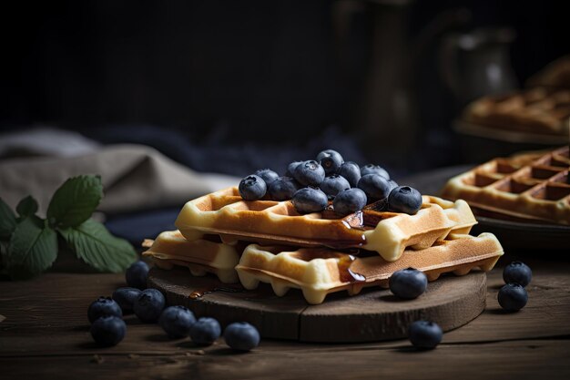 Ffles aux myrtilles sur table en bois AI générative