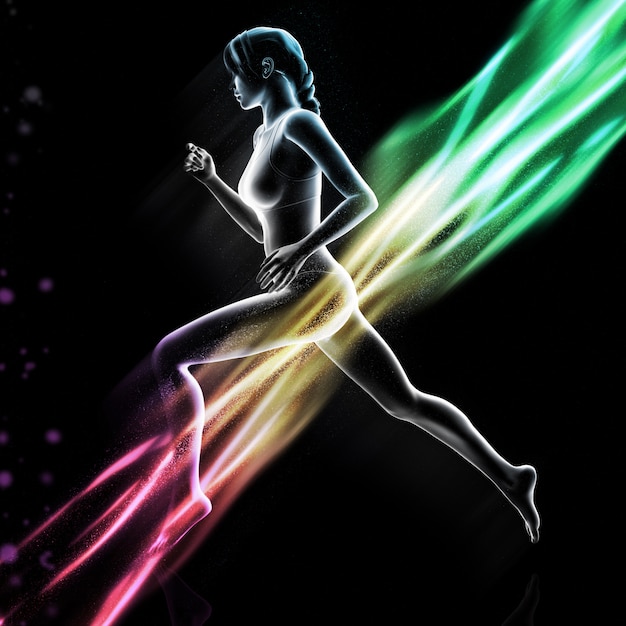 Photo gratuite figure féminine 3d en cours d'exécution avec des ondes lumineuses colorées