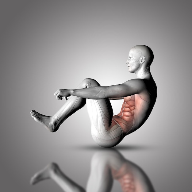 Photo gratuite figure médicale masculine 3d en pose assise avec les muscles de l'estomac mis en évidence
