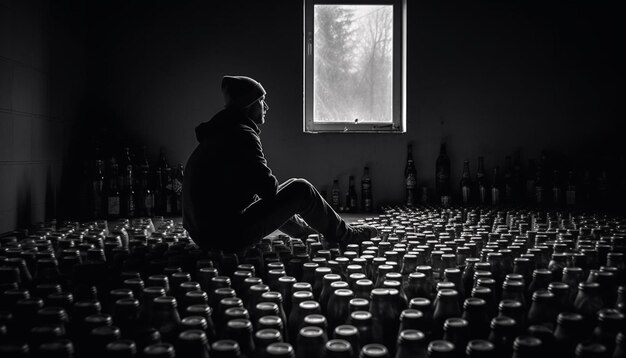 Photo gratuite une figure solitaire est assise dans l'obscurité priant pour le réconfort généré par l'ia