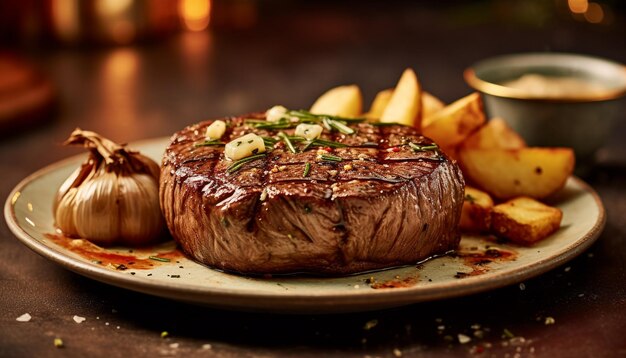 Photo gratuite filet de bœuf grillé cuit à la perfection prêt à manger sur une assiette rustique générée par l'intelligence artificielle