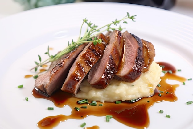 Filet de canard glacé avec purée de pommes de terre et sauce servi sur une assiette de restaurant chic Ai générative