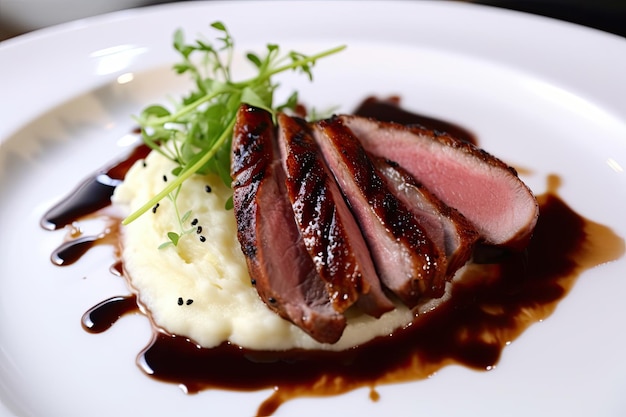 Filet de canard glacé avec purée de pommes de terre et sauce servi sur une assiette de restaurant chic