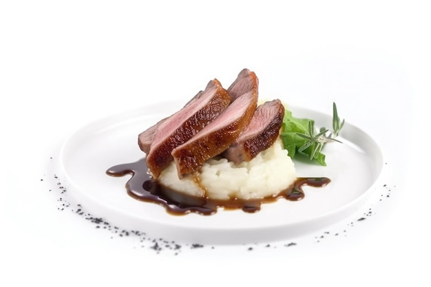 Filet de canard glacé avec purée de pommes de terre et sauce servi sur plaque blanche sur fond blanc Ai générative