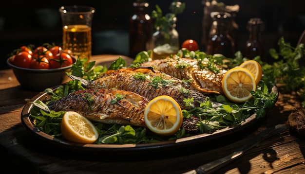 Photo gratuite filet de fruits de mer grillé avec du citron frais repas gastronomique sain généré par l'intelligence artificielle