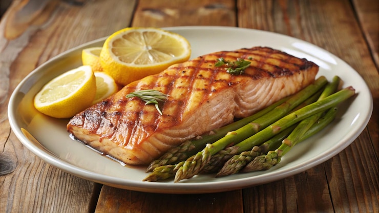 Photo gratuit filet de saumon grillé avec des asperges et des tranches de citron sur une assiette