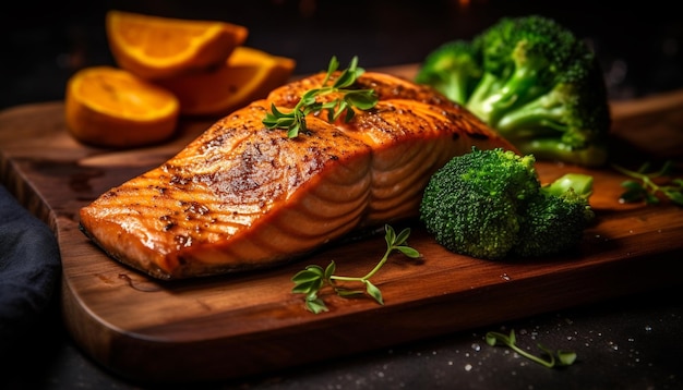 Filet de saumon grillé avec salade de légumes frais généré par AI