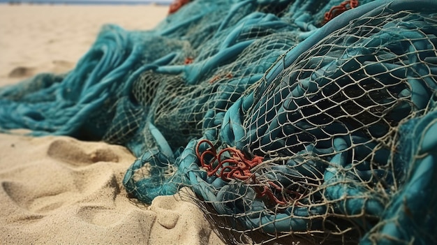 Les filets de pêche forment un tas sur le sable