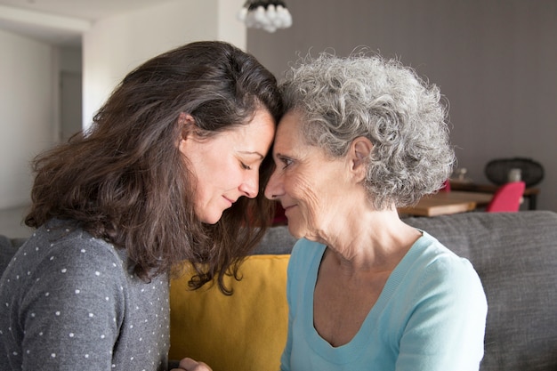 Fille Adulte Et Vieille Mère Touchant Le Front