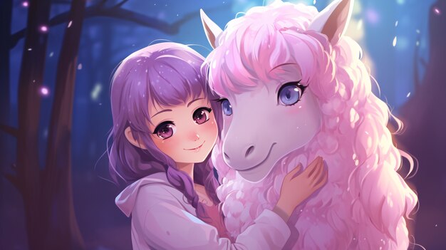 Une fille d'anime qui embrasse une licorne