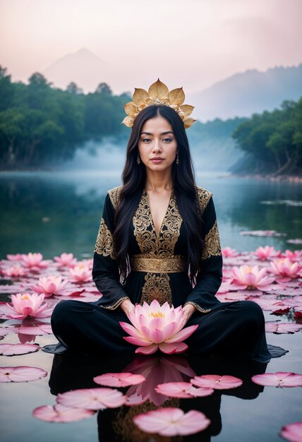 Une fille asiatique avec une couronne assise dans un étang avec une fleur de lotus