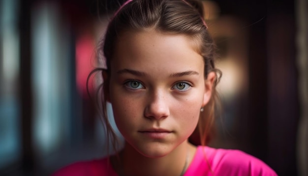 Une fille aux cheveux bruns souriant joyeusement générée par l'IA