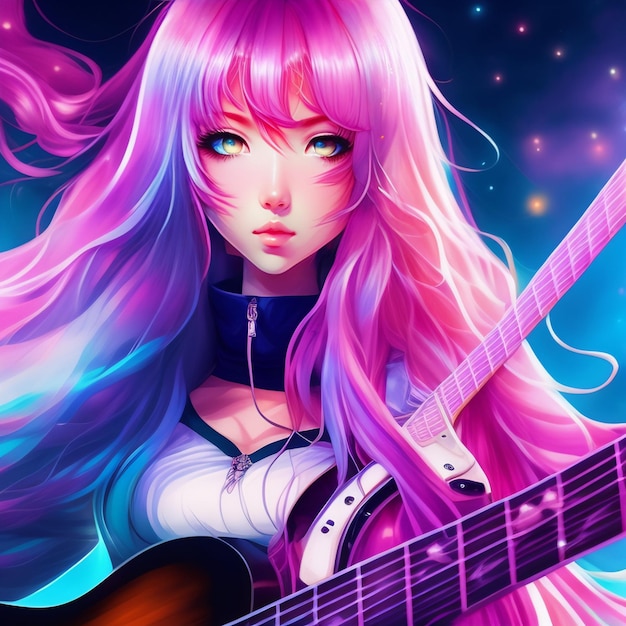 Photo gratuite une fille aux cheveux roses et une guitare sur la poitrine