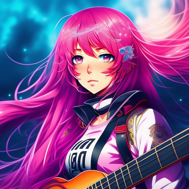 Photo gratuite une fille aux cheveux roses et une guitare